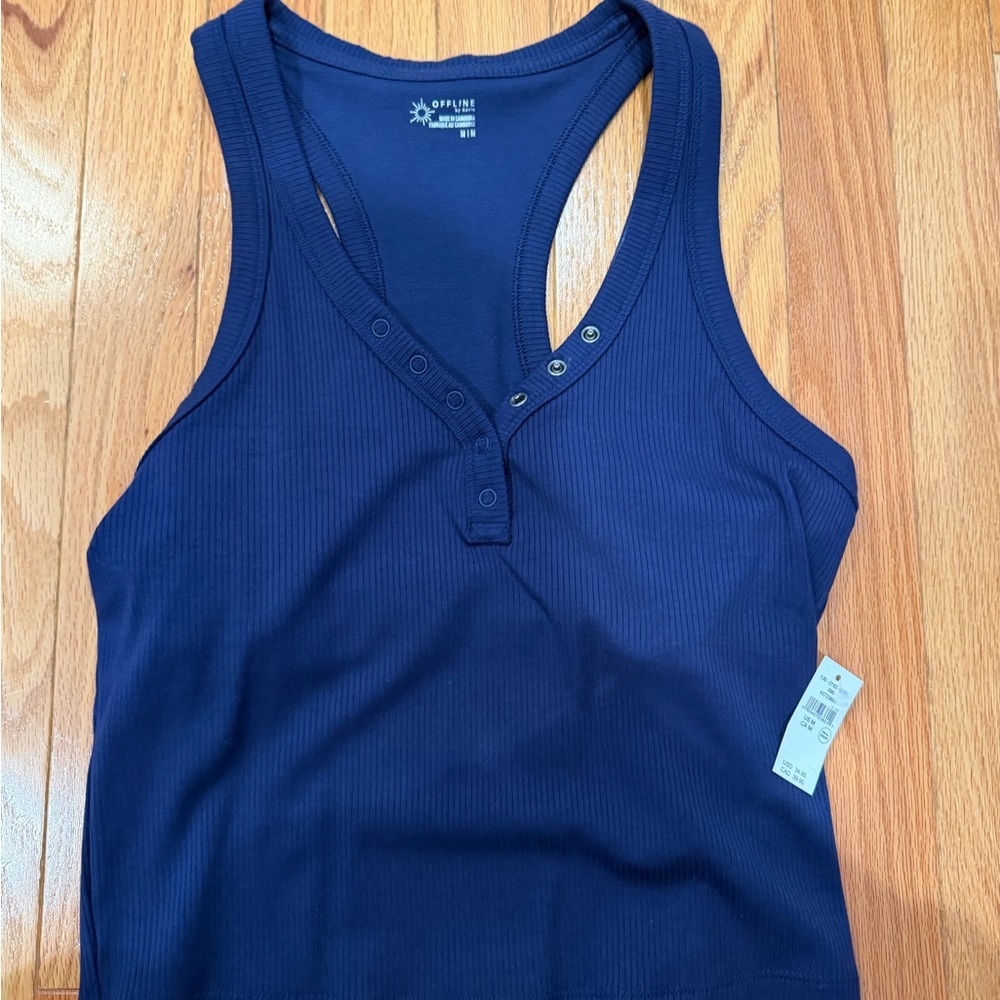 Women's Navy Ribbed Henley Tank Top